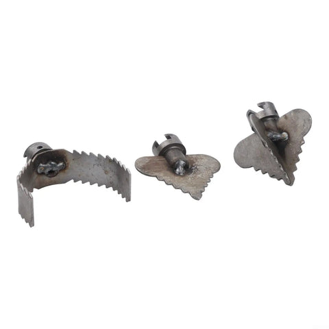 Three iron-plated drain auger heads from Heavy Duty Six Piece Drain Auger Kit Mounts To Standard Electric Drill.