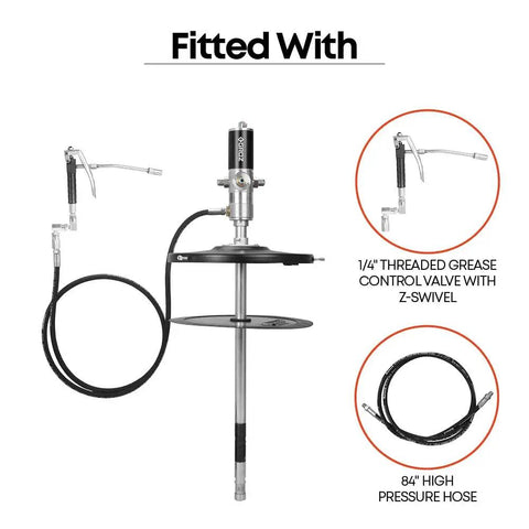 50 To 1 Air Operated Grease Pump Kit For 16 Gal Pails With 7500 PSI High Pressure Heavy Duty Complete Set With 7 Ft Hose And Control Valve