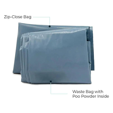 Go Anywhere Portable Toilet Kit For Camping And Travel With NASA Gelling Powder Gel Waste Bag System zip-close waste bag