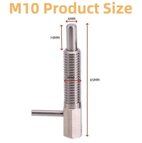 M10 Stainless Steel Retractable Indexing Plunger Pin with dimensions, used for garage rigging and precision clamping tasks.