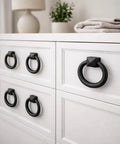 Black Cast Iron Cabinet Drawer Ring Pull, Mission Style Antique Drop, 1-7/8 Inch Swing Ring on white cabinet drawers