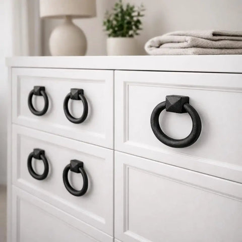 Black Cast Iron Cabinet Drawer Ring Pull, Mission Style Antique Drop, 1-7/8 Inch Swing Ring on white cabinet drawers