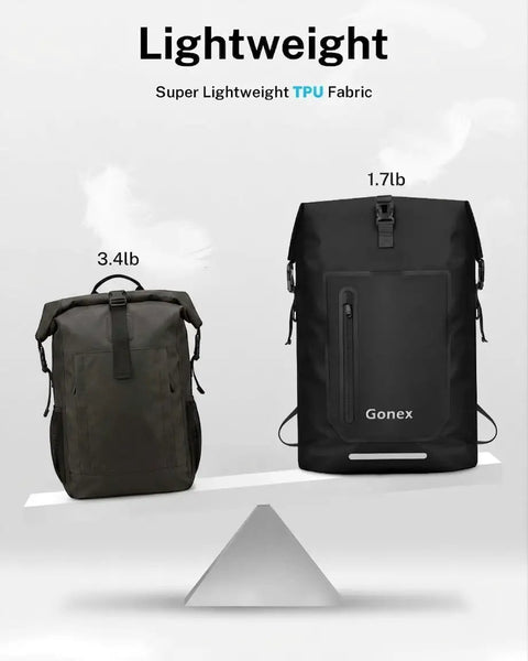 Ultralight Waterproof TPU Backpack 35L Roll Top Dry Bag With Padded Back Panel displayed against a lightweight comparison