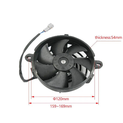Gotta Have This Universal 4 Inch Electric Cooling Fan For Motorcycle Radiator And Oil Cooler Slaps Right On Any Dirt Bike Motocross Or ATV To Keep Her Chillin And Boost Horsepower, showing black fan with wire.