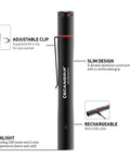 Rechargeable Penlight With 2 Color Light For Color Matching And Scratch Detection In The Shop, clear penlight design with features labeled