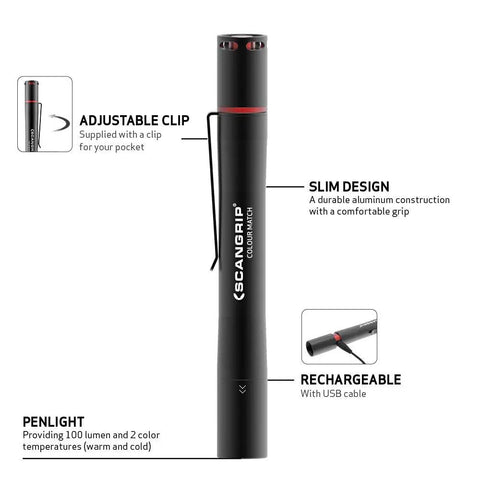Rechargeable Penlight With 2 Color Light For Color Matching And Scratch Detection In The Shop, clear penlight design with features labeled