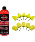 Front view of Renegade Pro Red Liquid Metal Polish bottle with yellow 1/8-inch foam polishing cones for drill attachment