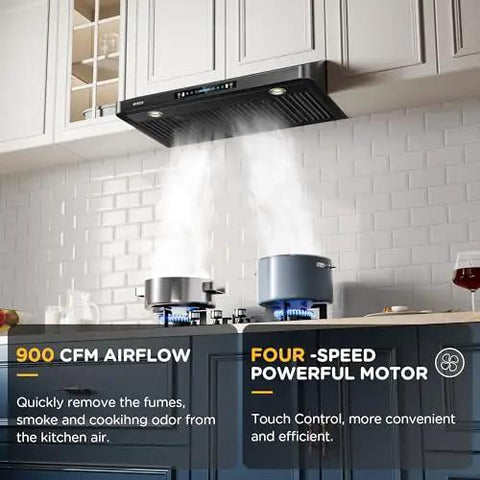 36 Inch Under Cabinet Range Hood With 900 CFM Dual Motors Black Kitchen Vent Hood for heavy-duty cooking, shown in modern kitchen setup