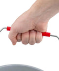Hand gripping the red bail of a Heavy Duty 14 Quart Gray Round Pail For Pro Cleaning With Printed Measurement Lines And Solid Grip Bail.