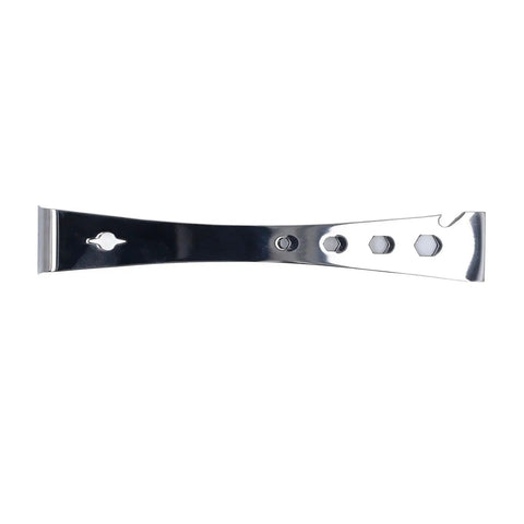 Side view of hardened 3Cr13 stainless steel pry bar tool heavy duty flat claw bar with chisel tips and 4 hex holes for woodworking.