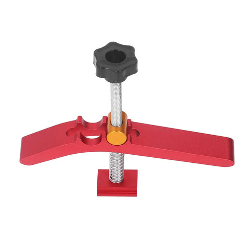 Must-Have Adjustable T-Track Hold Down Clamp For Your Workbench Shop Gear, red aluminum clamp with tool-free locking action.