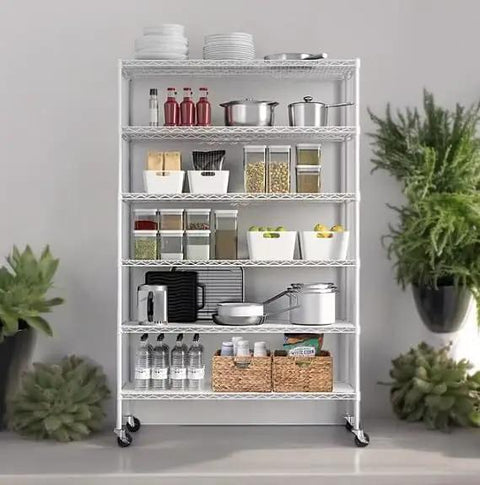 Rock Solid Heavy Duty Wire Shelving Rack With Six Sturdy Steel Shelves For Garage Organization And Storing Bulky Gear White Finish with kitchen items