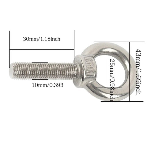 Shoulder Eye Bolt M10 304 Stainless Steel Heavy Duty Eye Bolts With Washer And Nuts, close-up showing dimensions