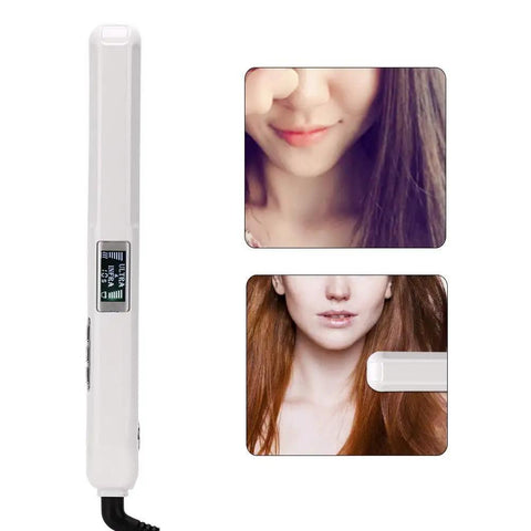 Ultrasonic Infrared Hair Straightener With LCD Display And 360 Degree Swivel Cord For At Home Hair Treatment shown with hair result