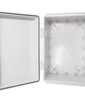 102 Piece Outdoor Waterproof Electrical Box Junction Weatherproof IP67 ABS Plastic Enclosure With Mounting Plate And Wall Bracket In Grey, 11.8 By 7.9 By 6.7 Inches, The Go To Project Box For Router, Switches, And Electronics. Open grey ABS enclosure with gasket and wall brackets