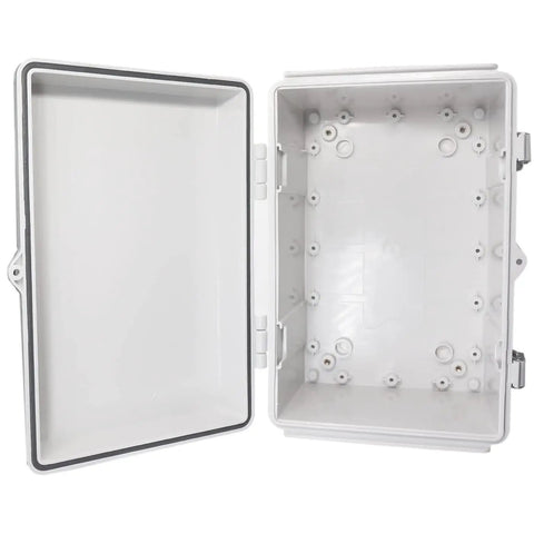 102 Piece Outdoor Waterproof Electrical Box Junction Weatherproof IP67 ABS Plastic Enclosure With Mounting Plate And Wall Bracket In Grey, 11.8 By 7.9 By 6.7 Inches, The Go To Project Box For Router, Switches, And Electronics. Open grey ABS enclosure with gasket and wall brackets