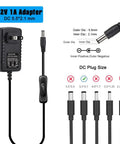 12V Power Adapter With Built In Switch For Easy On Off Control, 12W 1A, 2 Pack, Includes 3.9 Ft US Plug Cable And 5.5 Mm X 2.1 Mm Connector; black adapter and plug size diagram