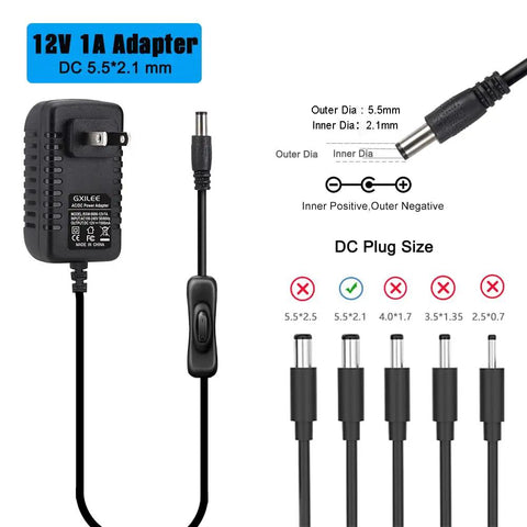 12V Power Adapter With Built In Switch For Easy On Off Control, 12W 1A, 2 Pack, Includes 3.9 Ft US Plug Cable And 5.5 Mm X 2.1 Mm Connector; black adapter and plug size diagram
