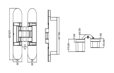 Technical drawing of 3D Adjustable Invisible Hidden Door Hinge in black finish for cabinets and furniture with measurements shown.