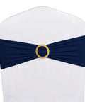 Navy Blue Spandex Chair Sashes With Gold Buckles, 50 Pack, Premium 90 Percent Polyester 10 Percent Spandex Fabric, back view