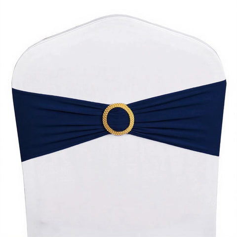 Navy Blue Spandex Chair Sashes With Gold Buckles, 50 Pack, Premium 90 Percent Polyester 10 Percent Spandex Fabric, back view