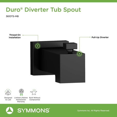 Duro Diverter Tub Spout Square Matte Black Pull Up Diverter Swaps Between Spout And Showerhead Five And Five Eighths Inch Length One Half Inch NPT Metal Construction Heavy Duty For Durability Easy Thread On Install A Great Bath Upgrade