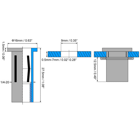 Dead Strong 1/4-20 Multi Grip Rivet Nuts With Pre Bulbed Shank For Lock Tight Threads In 304 Stainless Steel product dimensions diagram.