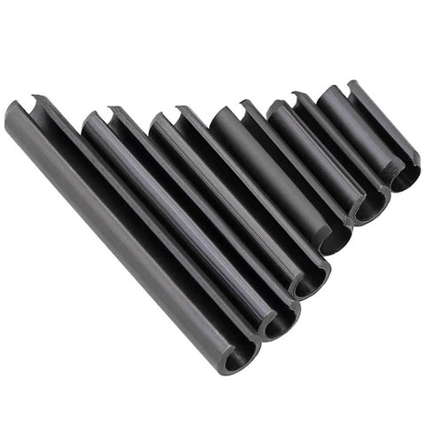 Close-up of black steel slotted spring pins from 300 Pcs Roll Pin Assortment Set Slotted Spring Pins Expansion Pins With Storage Case For Automotive Repair Mechanical Projects Electrical Maintenance And DIY Auto And Motorcycle Repairs, showcasing various sizes.