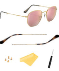 All In One Replacement Temple Arm Kit For Hexagonal Flat Lens Sunglasses With 145mm Gold Metal Frame Includes Temple Tips
