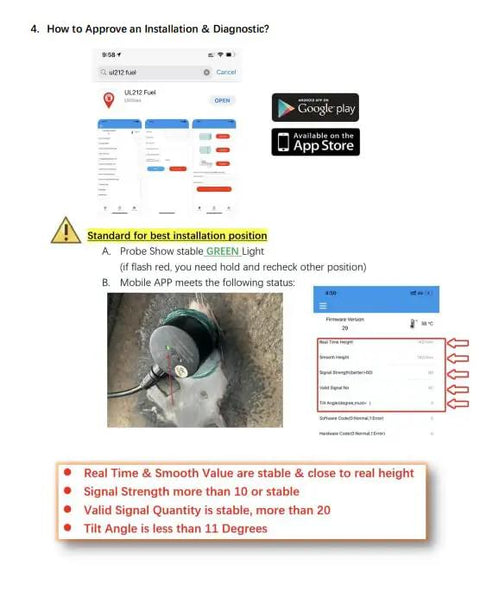 Ultrasonic Fuel Level Sensor Non Contact Gauge for Cars Trucks Motorcycles Boats installation guide with mobile app details
