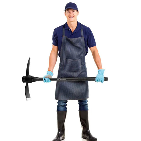 Gardener holding a Forged Adze Pick And Mattock With 36 Inch Fiberglass Handle, Dual Purpose Garden Pick for weeding and loosening soil