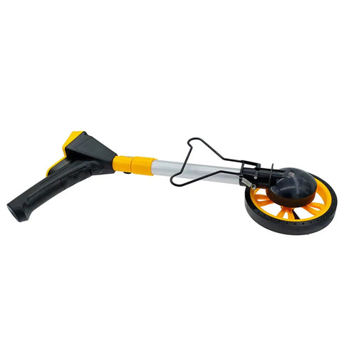 Roll Out Digital Measuring Wheel With Telescopic Handle For Dead On Distance Tracking Smooth Gear Odometer Easy Grip Design Built Heavy Duty For Construction Site Layout Work with black handle and yellow wheel.