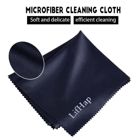 Front view of navy microfiber cleaning cloths stacked, 12x12 inches, LiHiap brand, 6-pack for glasses and screens.