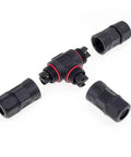 Heavy Duty M23 Three Way T Shape Junction Box With Tank Ready IP68 Waterproof Seal, Pro Grade Outdoor Electrical Wire Splitter, 500 Volt 35 Amp, Straight Fit Setup For Cables Seven To Fifteen Millimeters Wide with three connectors.
