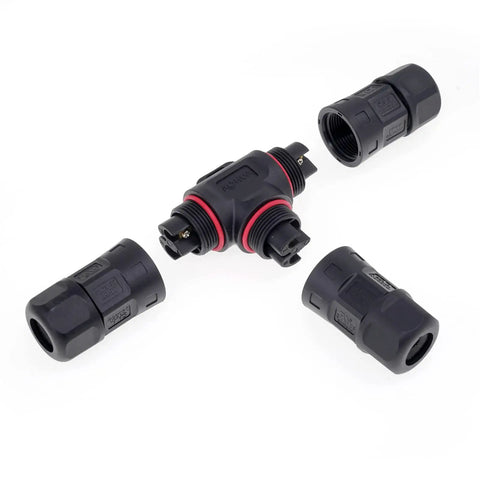 Heavy Duty M23 Three Way T Shape Junction Box With Tank Ready IP68 Waterproof Seal, Pro Grade Outdoor Electrical Wire Splitter, 500 Volt 35 Amp, Straight Fit Setup For Cables Seven To Fifteen Millimeters Wide with three connectors.