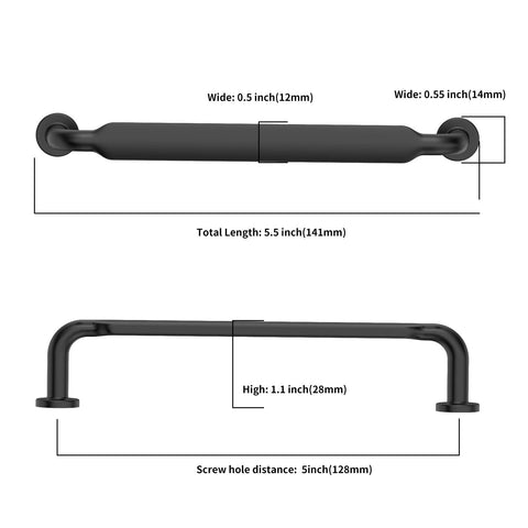 Dimensions of 10 Pack 5 Inch Matte Black Kitchen Cabinet Handles and Drawer Pulls with 5.5 inch length and screw holes 5 inch apart.