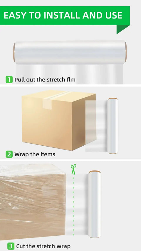 Steps showing the usage of Heavy Duty Stretch Wrap Roll Pro Grade 18-Inch By 1500-Foot Clear Shrink Film for packing.