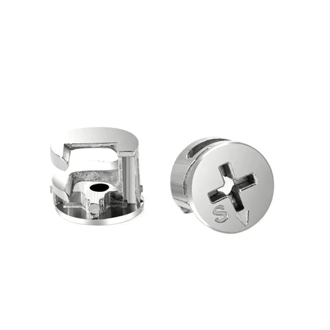 Locking Cam Lock Rock-Solid Eccentric Wheel Three-In-One Connector Nut made of carbon steel for furniture, close-up view.