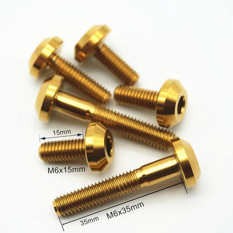 6 Pack M8x15mm Titanium Hex Socket Cap Screws For Motorcycle Disc Brake Mod with gold finish shown, highlighting size and details.