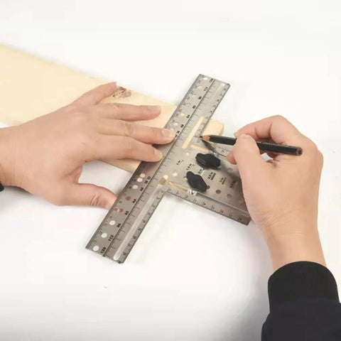 Person using Eight Position Cabinet Pull Drill Template For Doors And Drawers Metal Mounting Template with direct drilling on wood