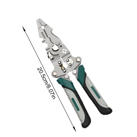 Tough As Nails Foldable Wire Strippers And Cutter Crimper Tool For Electrical Cable Work with rubber grips shown from above.