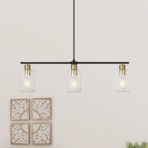 Three Light Linear Farmhouse Kitchen Island Lighting in Black and Gold Finish with Glass Shades, Modern Industrial Pendant