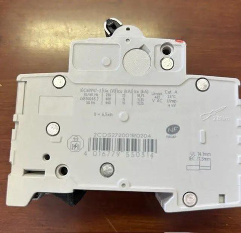 One Piece Heavy Duty Two Pole Miniature Circuit Breaker 20 Amps back view, showing specifications and safety features.
