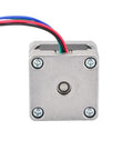 NEMA 14 stepper motor with silver aluminum housing and four-wire cable, front view.