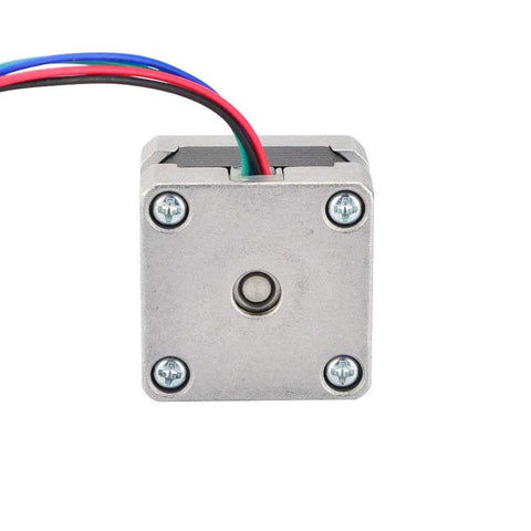 NEMA 14 stepper motor with silver aluminum housing and four-wire cable, front view.