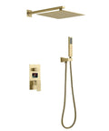 Slick Wall Mounted Rain Shower System Featuring Water Powered Led Digital Display And Easy Grip Single Lever Controls Includes Heavy Duty Eight Inch Brushed Gold Rainhead Paired With Reliable Handheld Shower Wand.