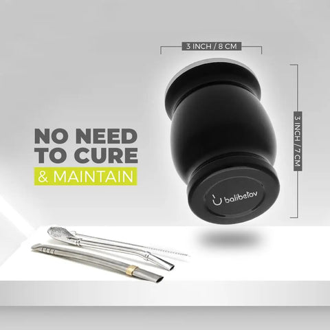 Level Up Your Daily Sip Routine With This Sleek Double Wall Stainless Steel Yerba Mate Cup Set Featuring Two Reliable Bombillas And A Hassle Free Cleaning Brush, showcasing a compact black yerba mate cup with stainless steel straws.