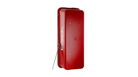 Straight Up Outdoor Fire Extinguisher Cabinet With Red Breaker Bar Mount And Hella Tough Plastic Shell For 10 Lb Abc Suppression side view red cabinet