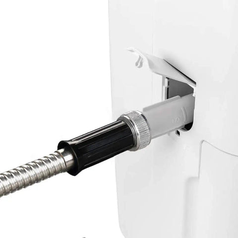 Close-up of Stainless Steel Metal Garden Hose 75 Ft Flexible No Kink Water Hose connection to white RV unit.