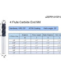 Pro Grade Carbide Square End Mill Set diagram, includes 4 flute, AlTiN coating, size details for CNC router bits.